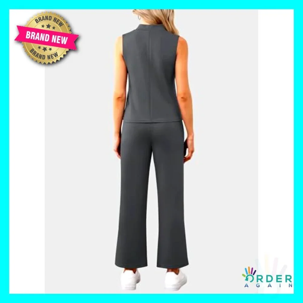 Mock Neck Tank Top Cropped Wide Leg Pants Lounge Set Athleisure Two Piece Outfit